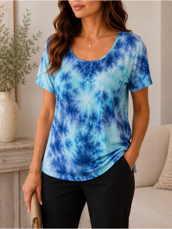 Avenue Tops - Avenue Blue Tie-Dye Scoop Neck Short Sleeve Top Sz XL